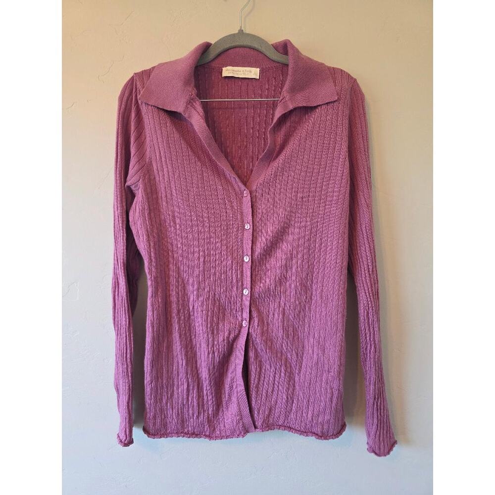 Abercrombie Merino Wool Pink Ribbed Collared Cardigan L